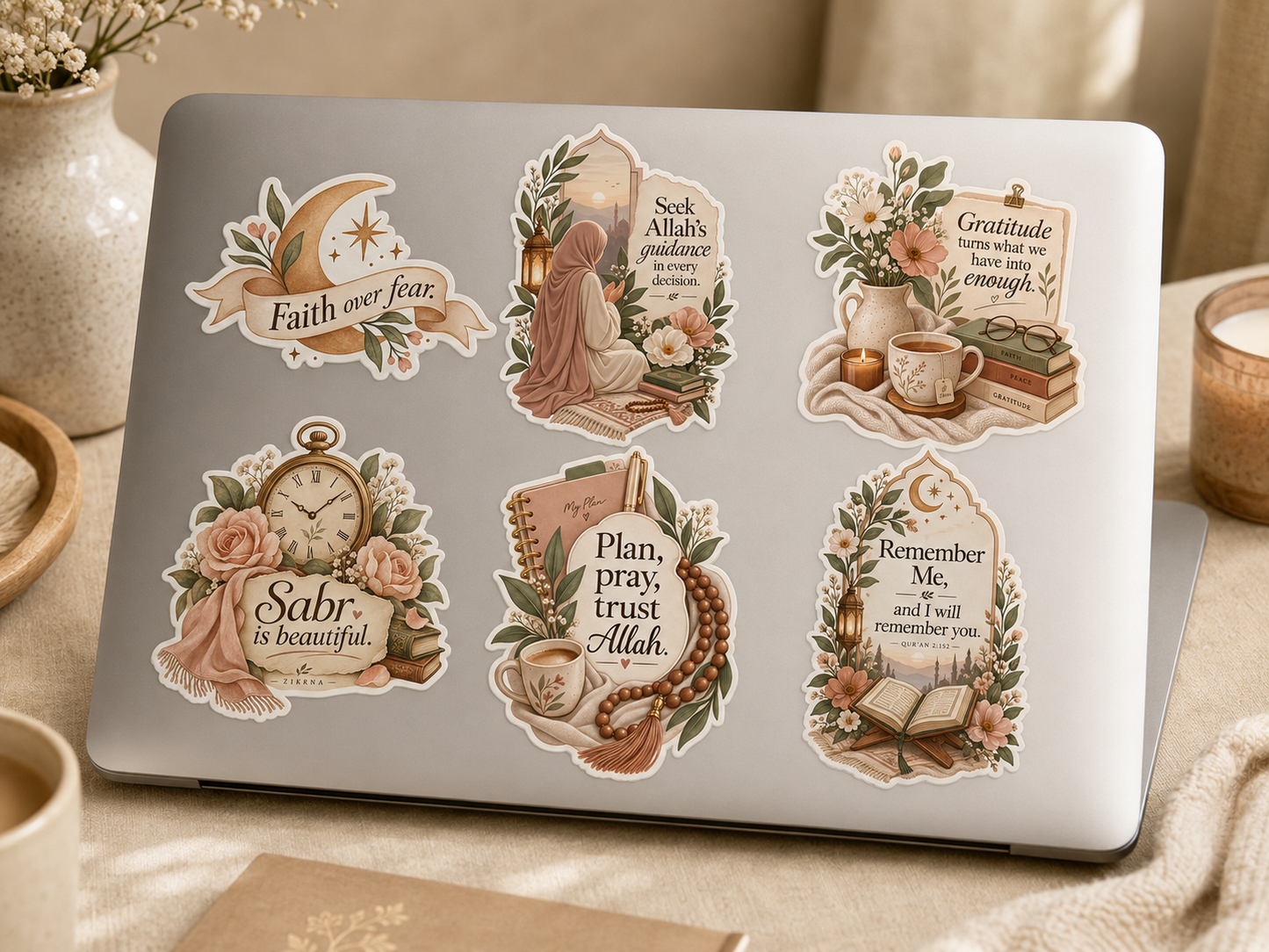 Sticker — "Plan, pray, trust Allah" Floral Islamic Remembrance Sticker (Kiss-Cut)
