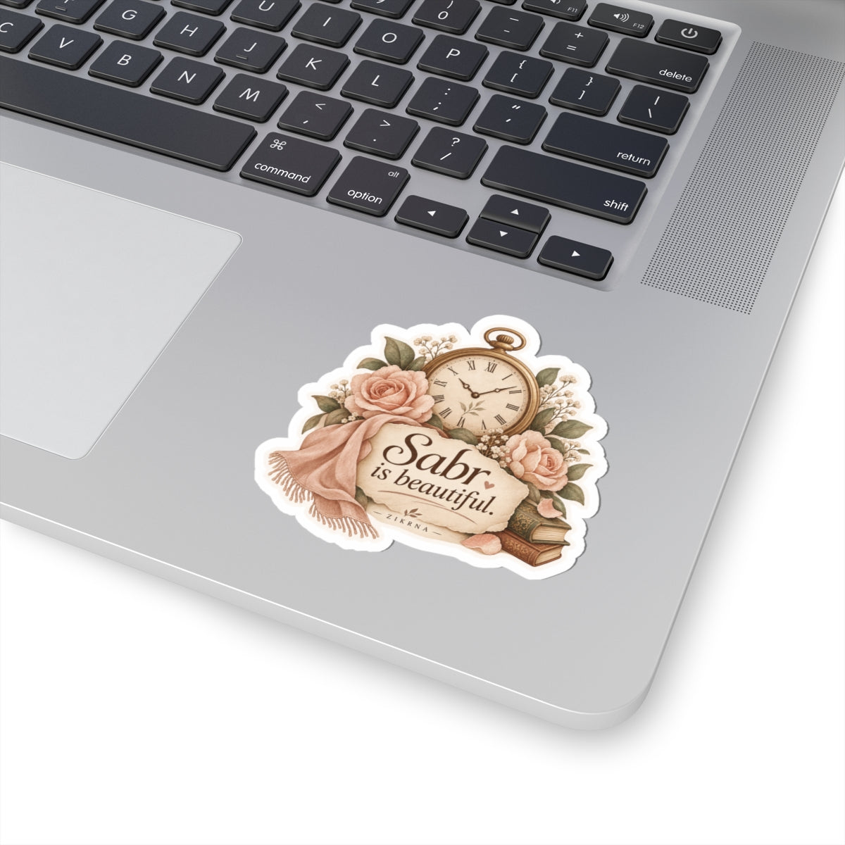 Sabr Is Beautiful Floral Sticker — Vintage Pocket Watch & Roses Kiss-Cut Decal