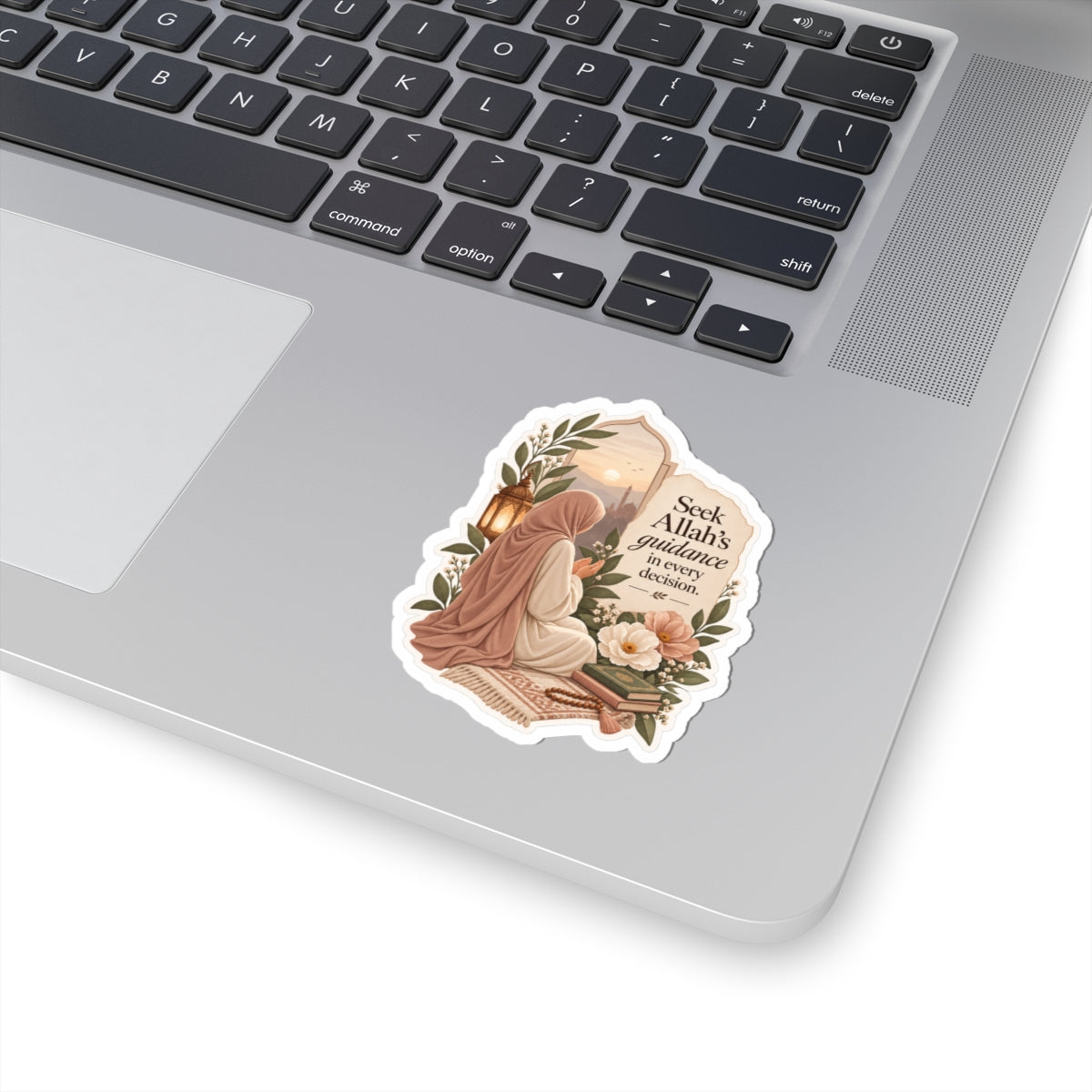 Seek Allah’s Guidance Sticker — Islamic Faith Laptop Decal (Hijab Prayer Illustration)