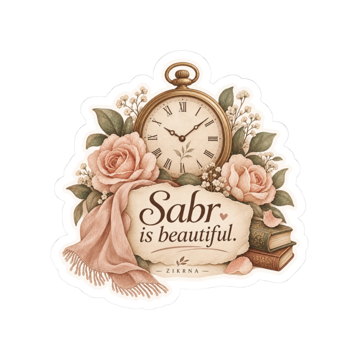 Sabr Is Beautiful Floral Sticker — Vintage Pocket Watch & Roses Kiss-Cut Decal
