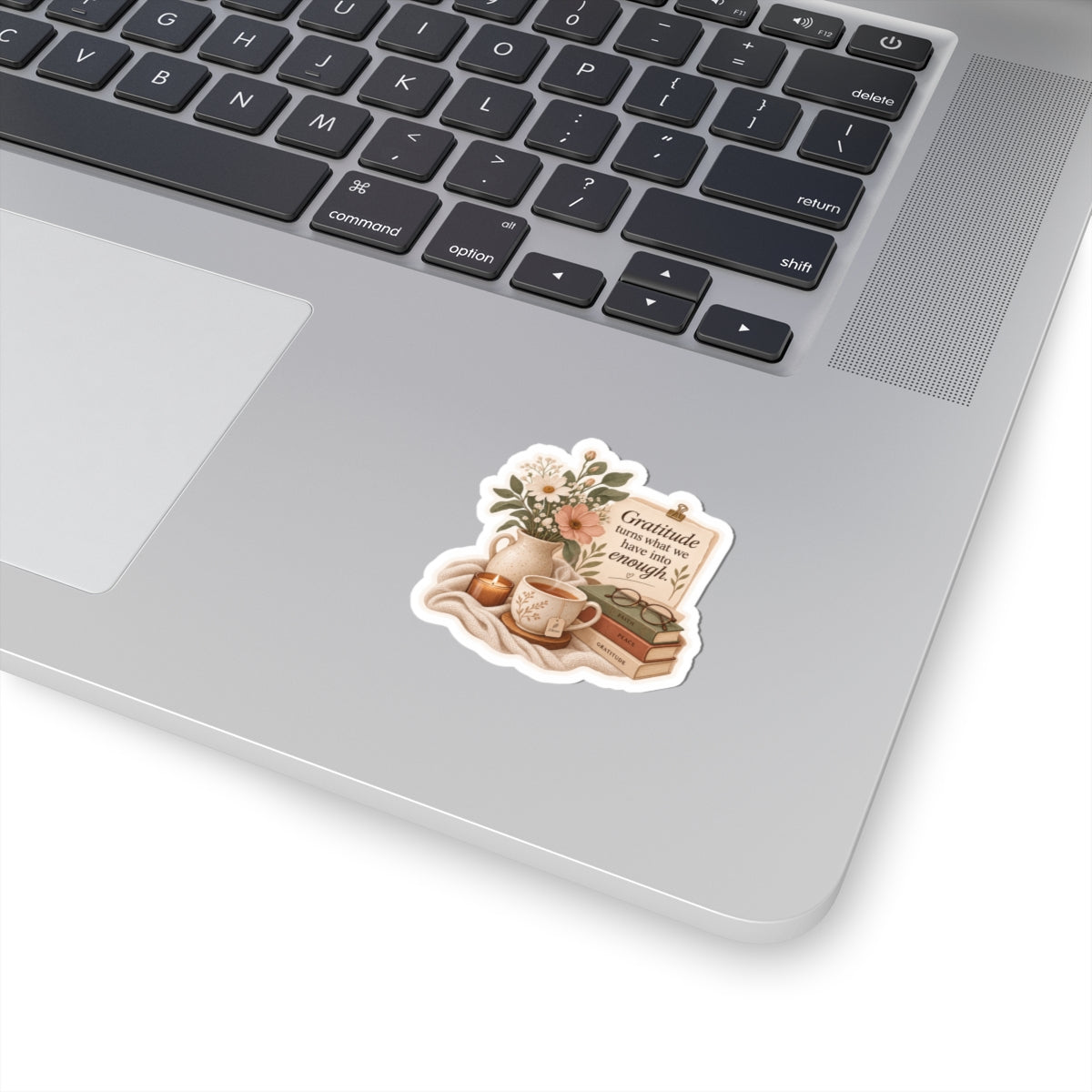 Gratitude Cozy Scene Sticker — Floral Tea & Books Kiss-Cut Sticker