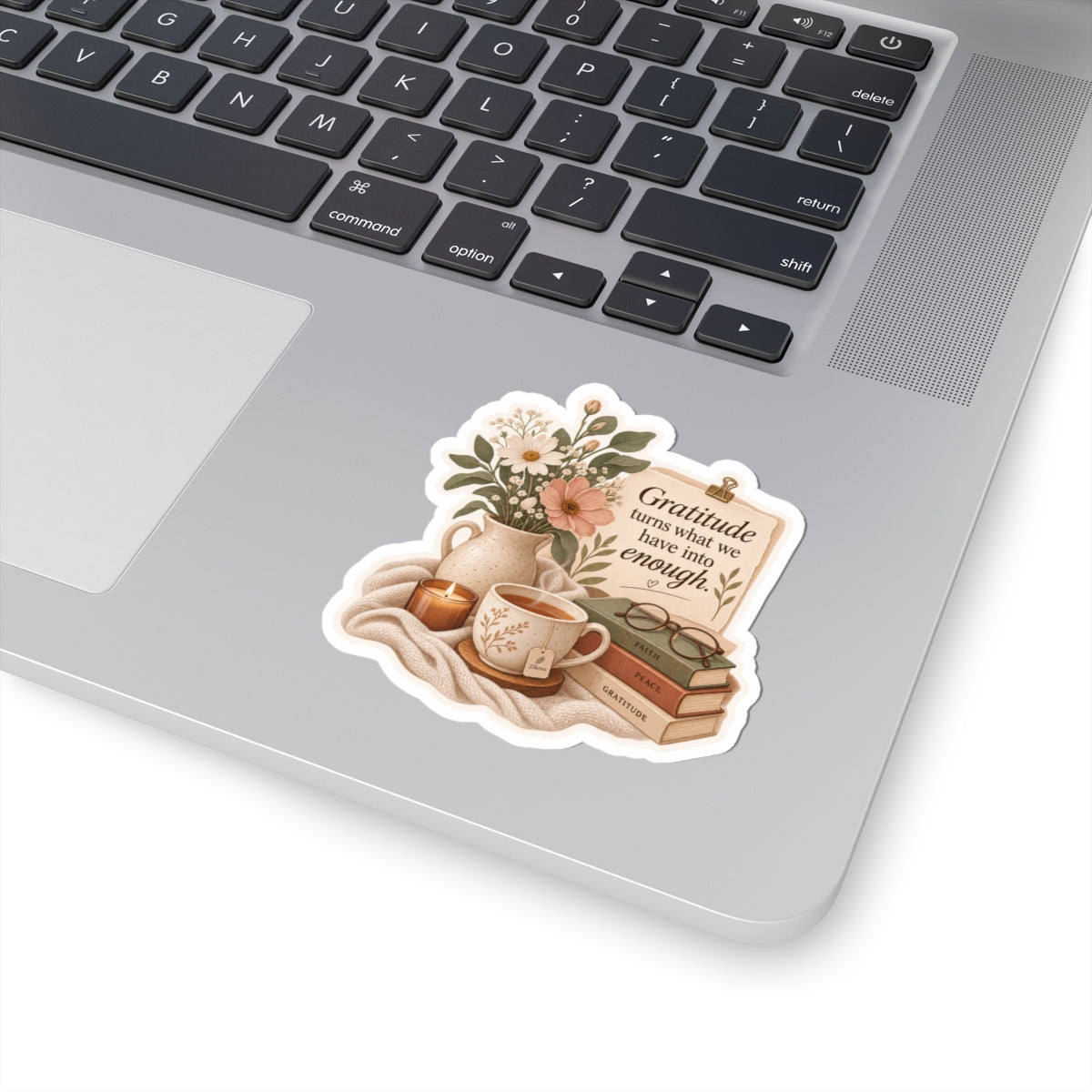 Gratitude Cozy Scene Sticker — Floral Tea & Books Kiss-Cut Sticker