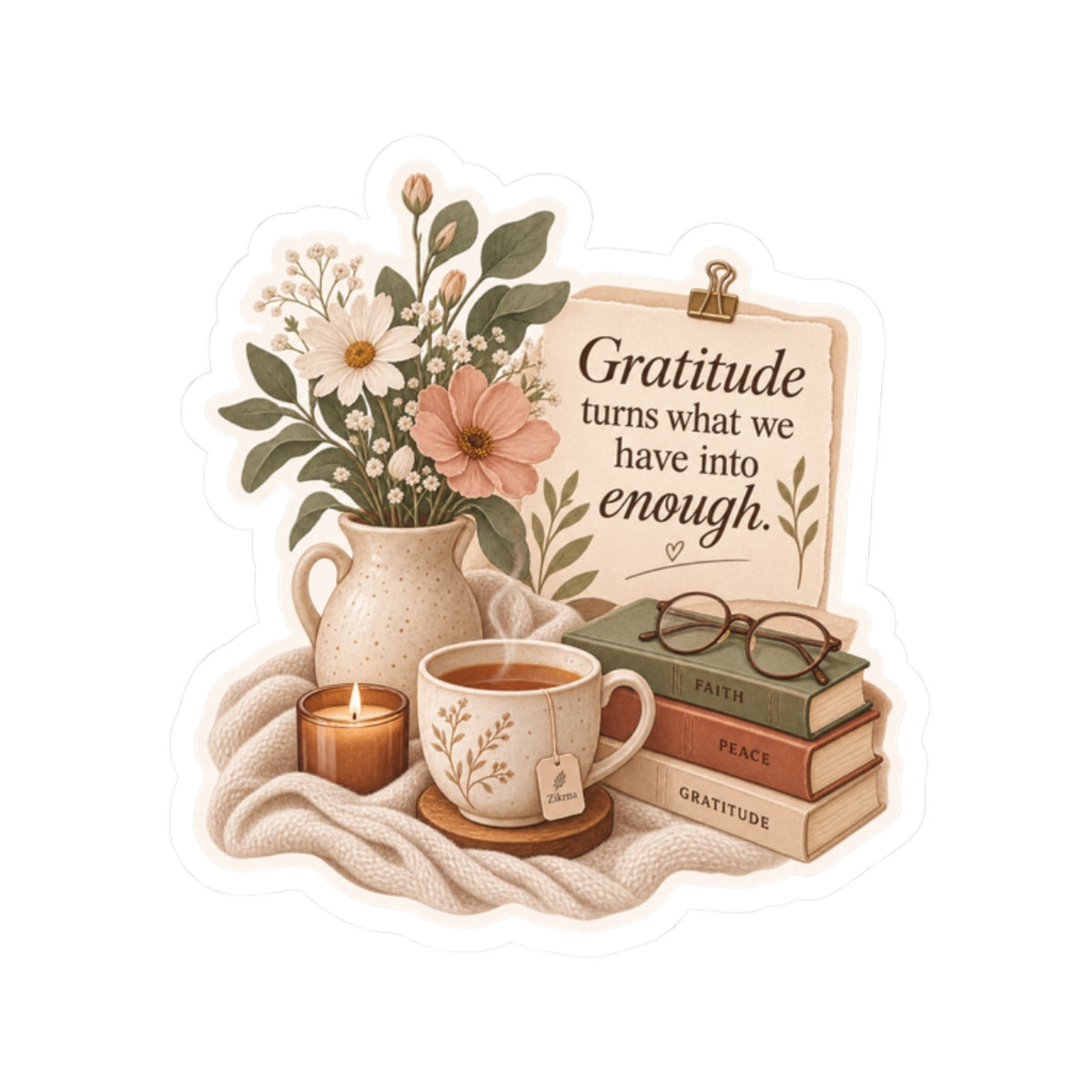 Gratitude Cozy Scene Sticker — Floral Tea & Books Kiss-Cut Sticker